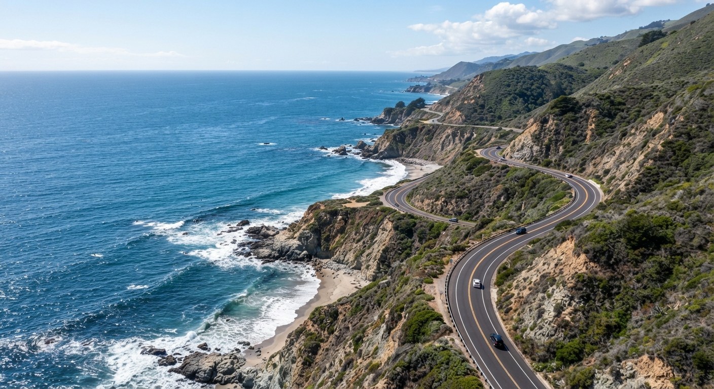 Aerial view of a highway following the coastline